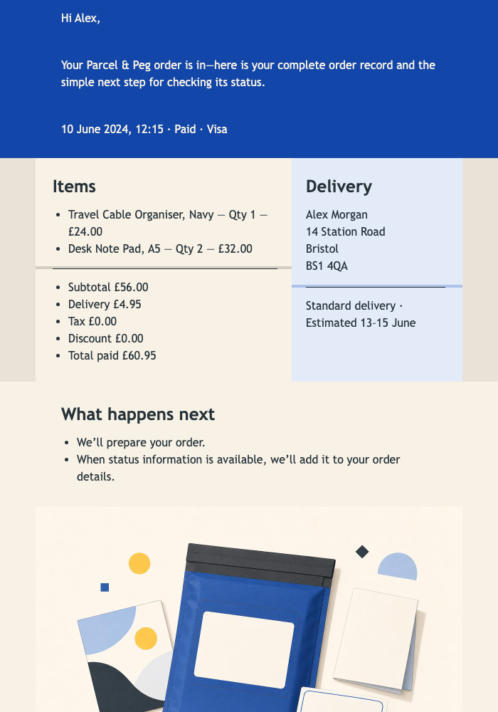 Order Receipt and Next Steps email design preview