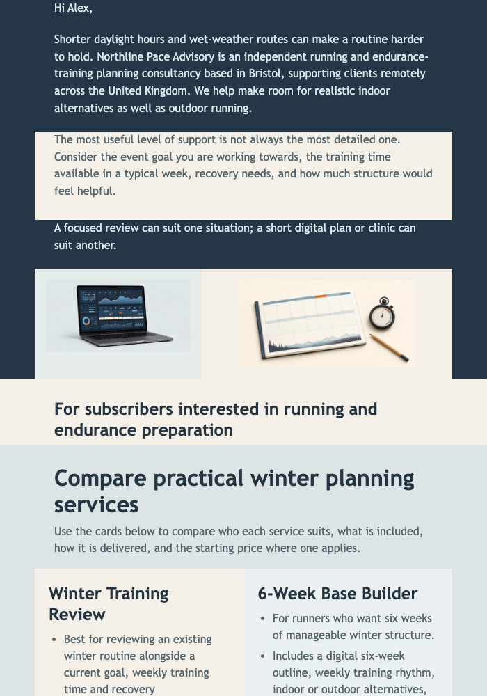 Winter Training Service Guide email design preview