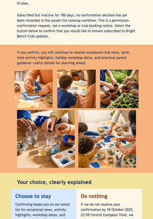Keep Bright Bench Club Updates email design preview