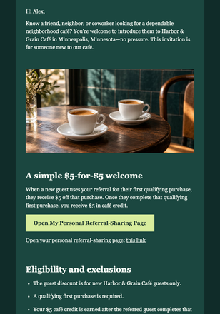 Café Referral Credit email design preview