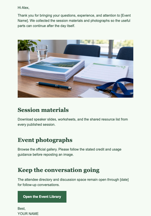 Post-Event Thanks, Materials, and Photos email design preview