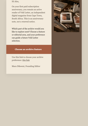 Reader Anniversary Note email design preview