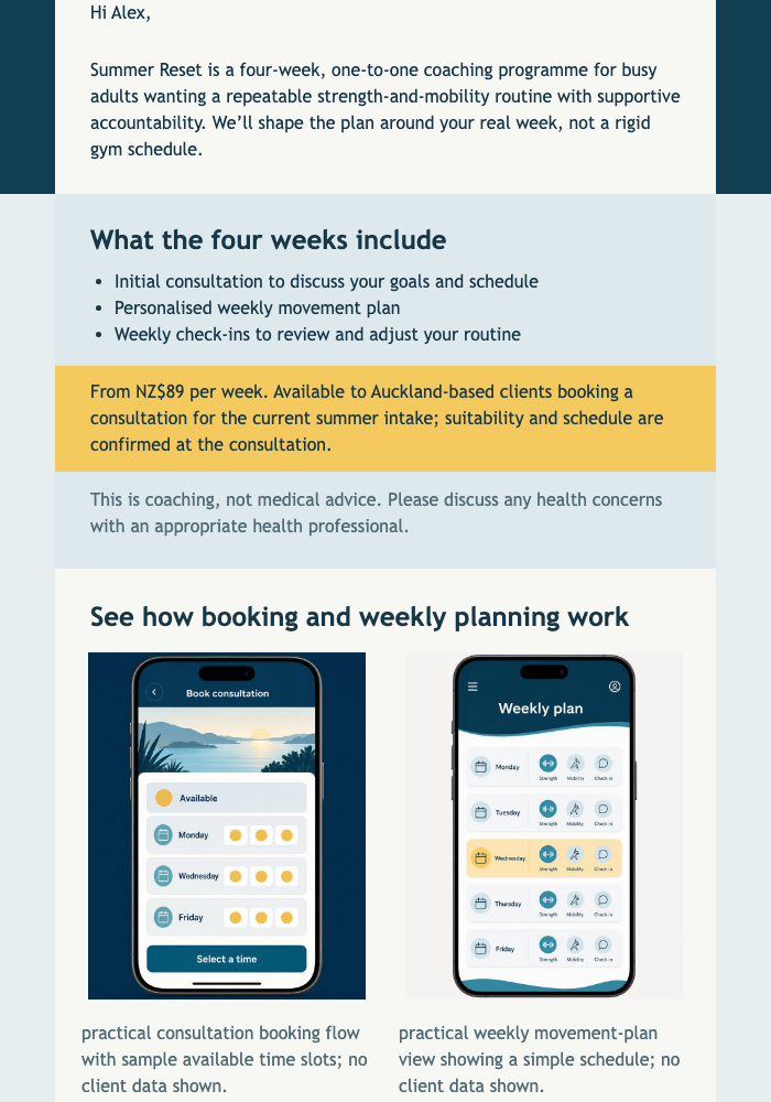 Summer Reset Intake email design preview