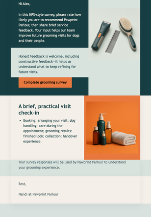 Grooming Experience Check-In email design preview