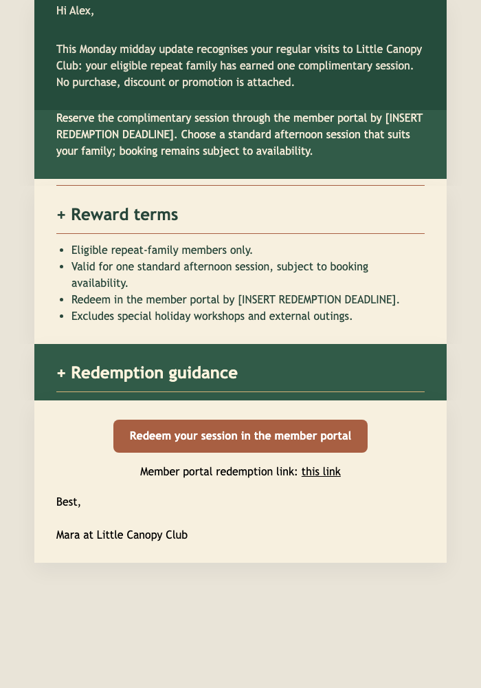 Earned Club Session email design preview