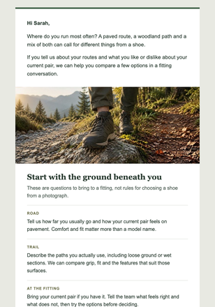 A shoe for the ground ahead email design preview
