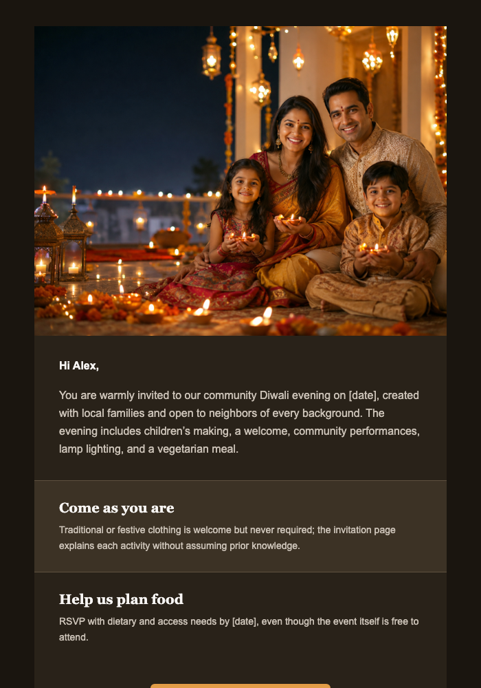 Diwali Community Evening email design preview