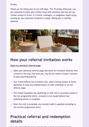 Share a Coffee Referral email design preview