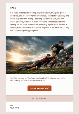 Your Rugby Matchday Brief email design preview