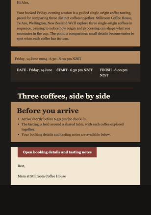 After-Dark Tasting Reminder email design preview