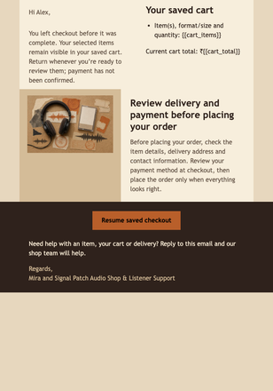 Saved Cart, Ready to Resume email design preview