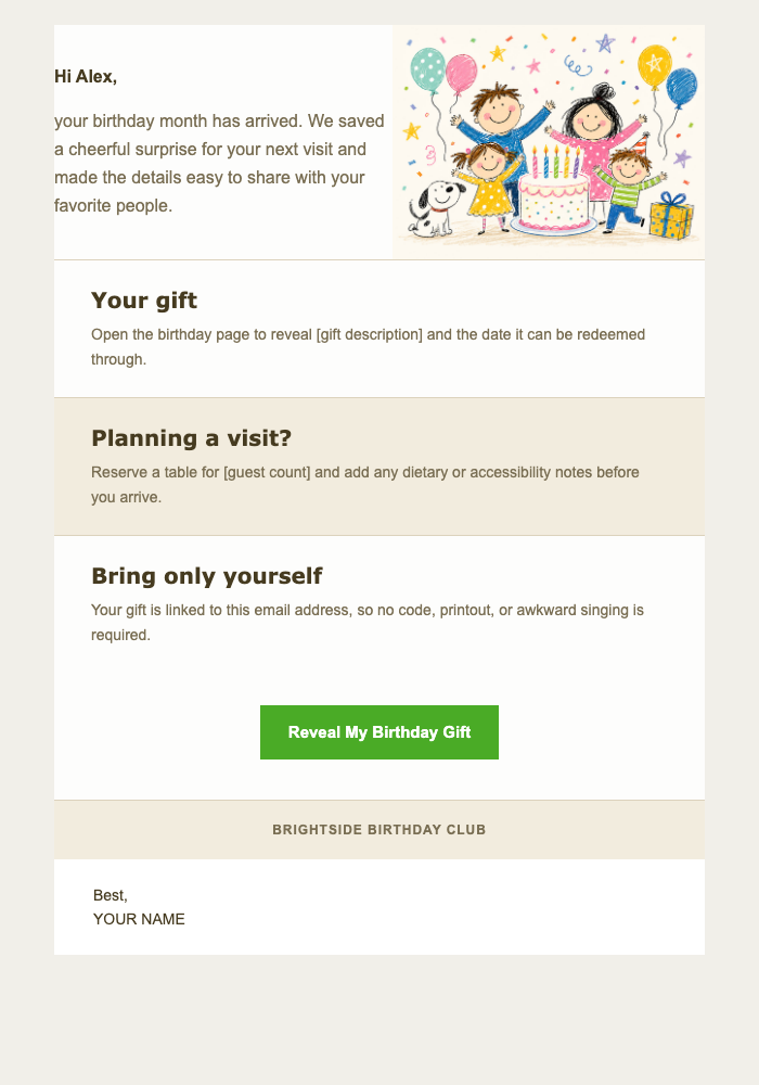 Your Birthday Table Is Ready email design preview