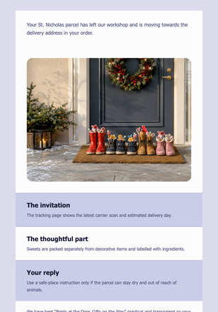 Boots at the Door, Gifts on the Way email design preview