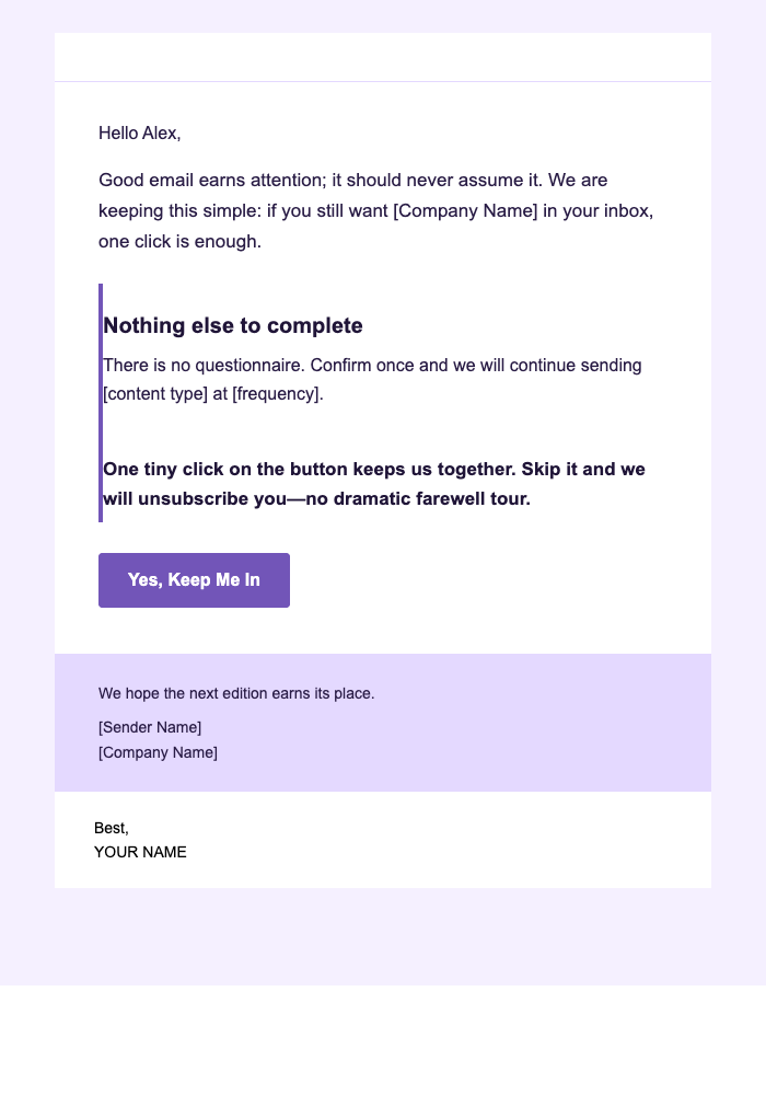One-Click Yes — Editorial email design preview