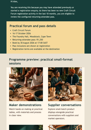 Craft Forum Returner Pass email design preview