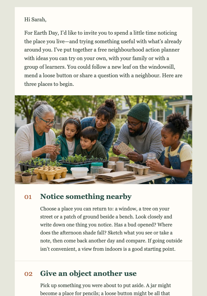 Earth Day Learning Paths email design preview