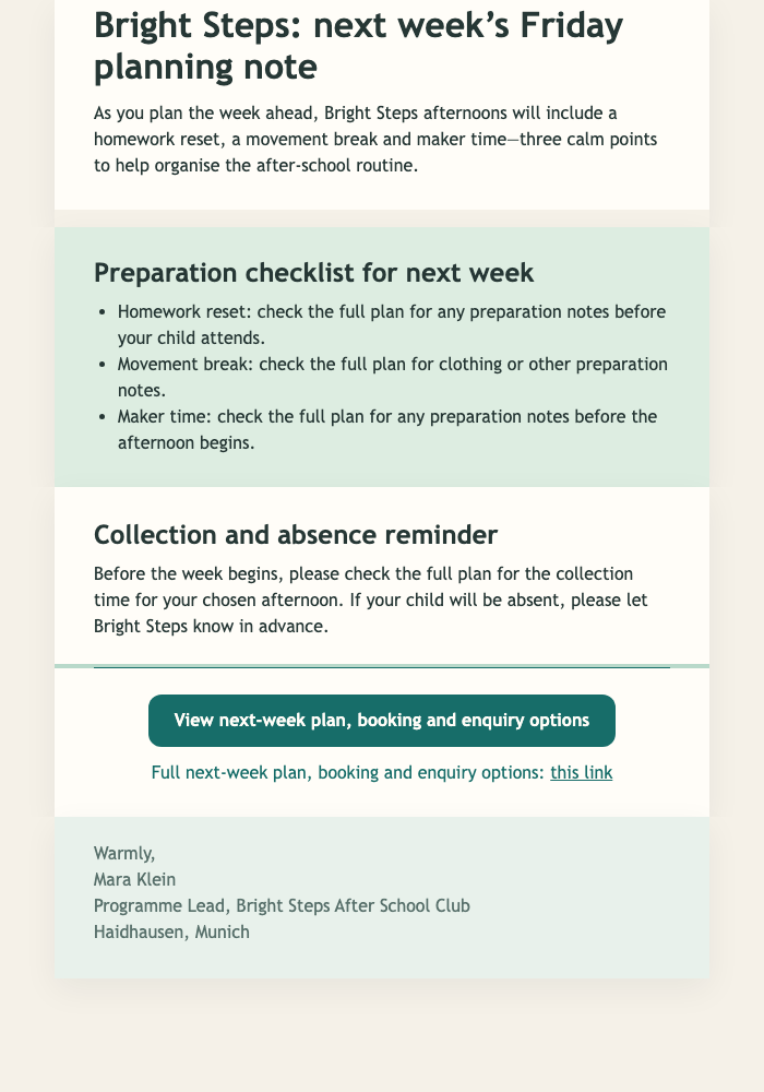 Friday Club Checklist email design preview