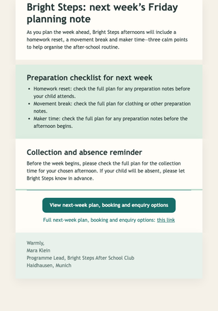 Friday Club Checklist email design preview