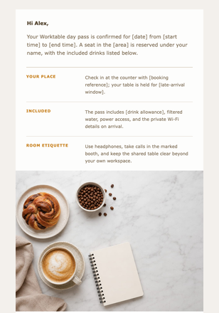 Your Worktable Day Pass email design preview