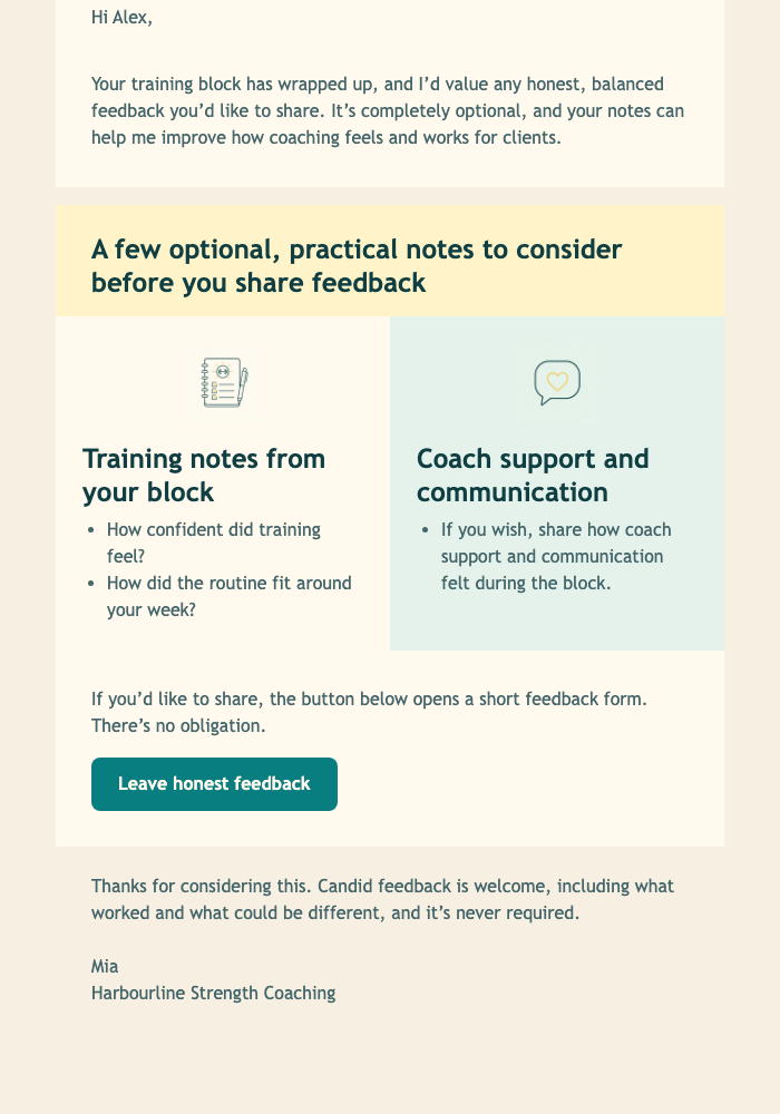 Monday Training Feedback Request email design preview