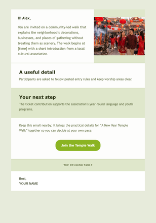 A New Year Temple Walk email design preview