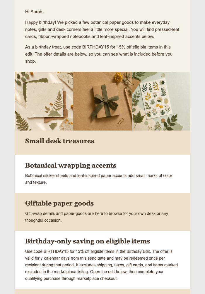 Botanical Birthday Edit email design preview