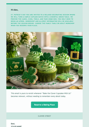 Bake the Clover Cupcakes With Us email design preview