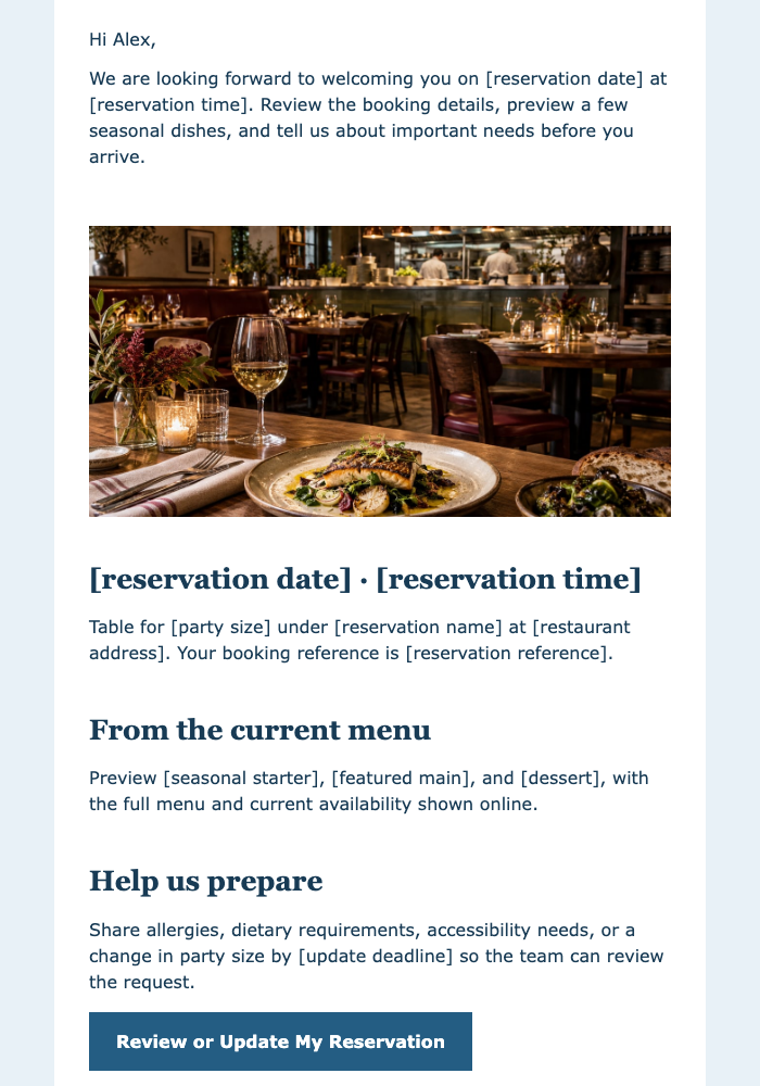 Restaurant Reservation and Menu Preview email design preview