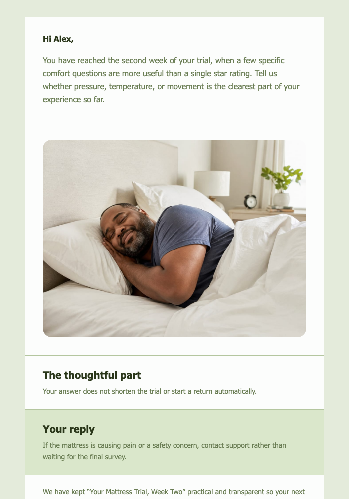 Your Mattress Trial, Week Two email design preview