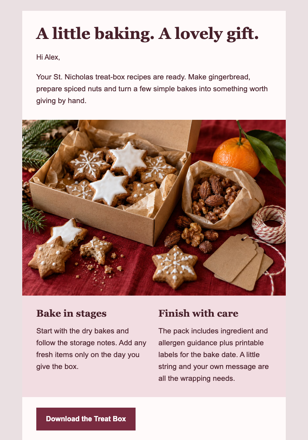 Bake a St. Nicholas Treat Box email design preview