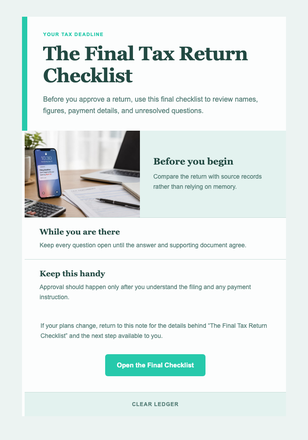 The Final Tax Return Checklist email design preview