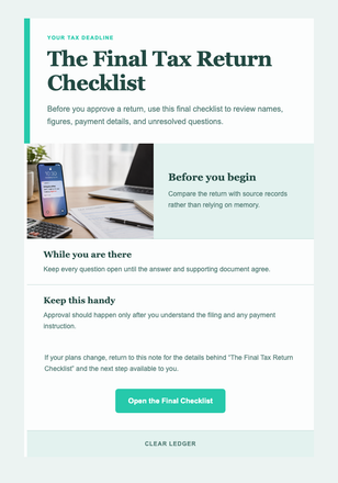 The Final Tax Return Checklist email design preview