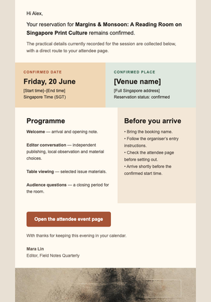 Reading Room Event Reminder email design preview