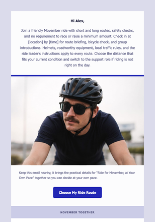 Ride for Movember, at Your Own Pace email design preview