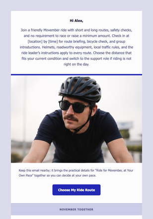 Ride for Movember, at Your Own Pace email design preview