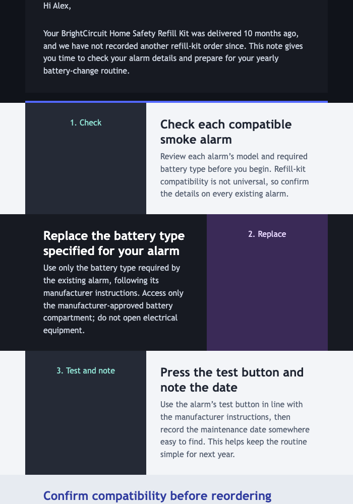 Smoke Alarm Refill Reminder email design preview