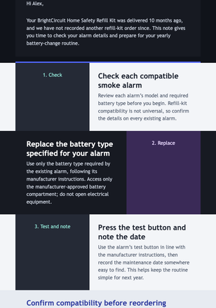 Smoke Alarm Refill Reminder email design preview