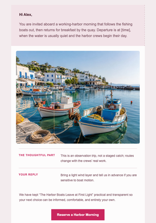 The Harbor Boats Leave at First Light email design preview