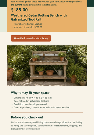 Garden Find Price Alert email design preview