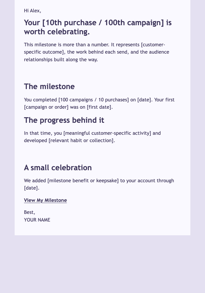 Customer Usage Milestone email design preview