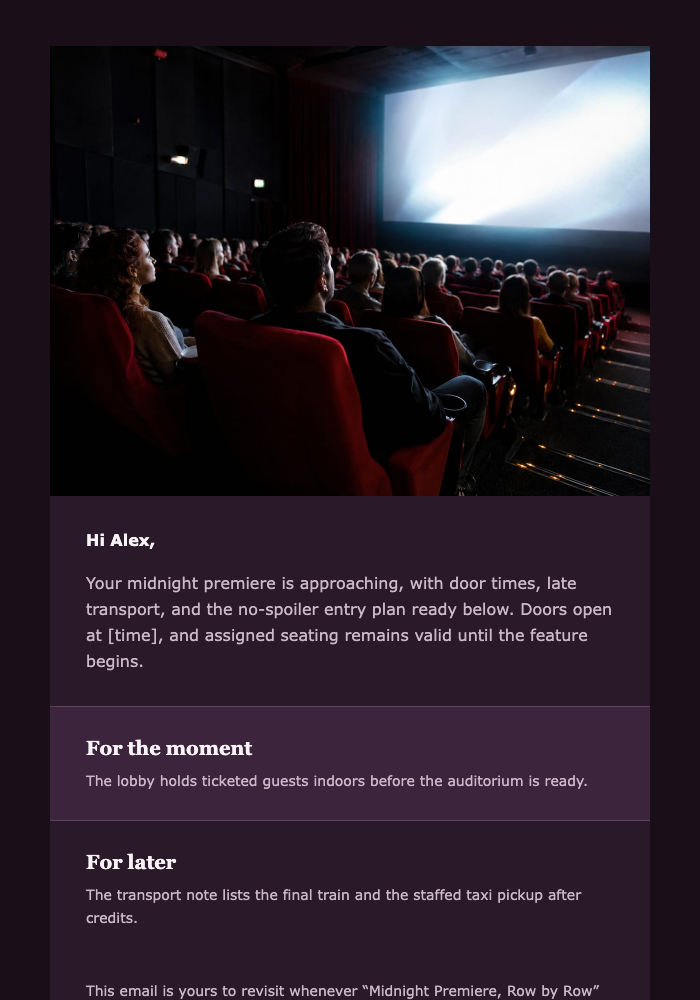 Midnight Premiere, Row by Row email design preview