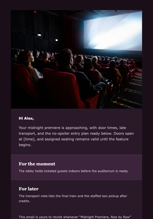 Midnight Premiere, Row by Row email design preview