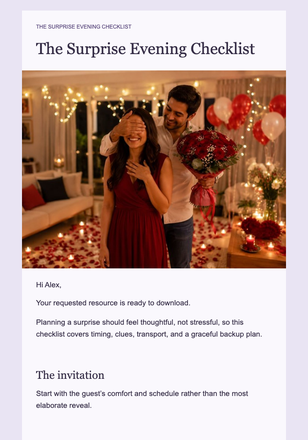 The Surprise Evening Checklist email design preview