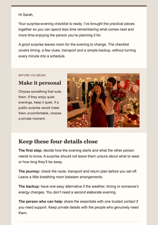 The Surprise Evening Checklist email design preview