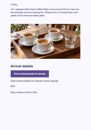 Coffee Flight Event Reminder email design preview