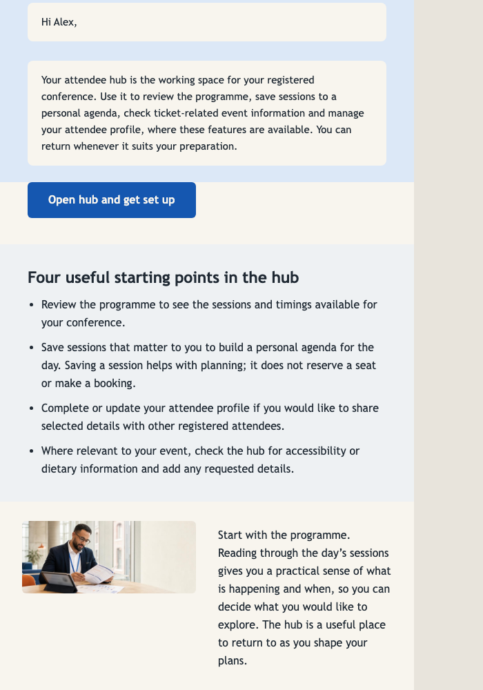 Attendee Hub Orientation email design preview