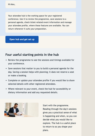 Attendee Hub Orientation email design preview
