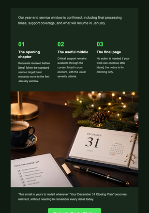 Your December 31 Closing Plan email design preview