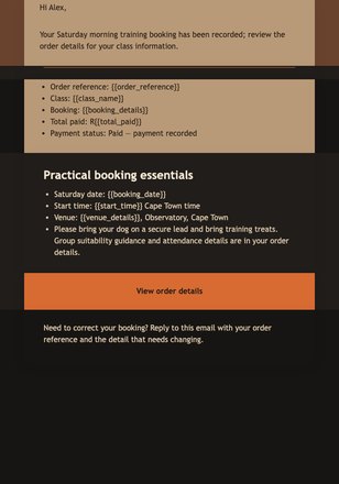 Saturday Class Order Confirmed email design preview