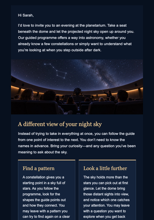 An evening among the stars email design preview